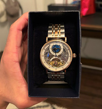 Stauer Men's Skeleton Dial Moon Phase Auto Two-Tone Bracelet Dress Watch picture
