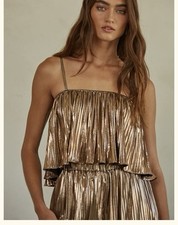 NWT By Together Gold Lame Pleated Cropped Top Shirt Blouse (Size L) picture