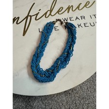 Blue Braided Seed Bead Statement Necklace Gold Tone Accents Adjustable Clasp picture