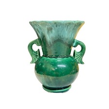 Vintage Camark Art Deco Dolphin Handle Vase in Emerald Green Drip Glaze picture
