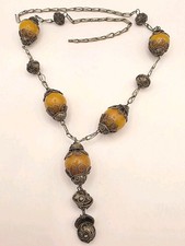 Vintage Traditional Berber Necklace W/Natural Copal Resin Silver Plated Necklace picture