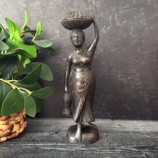 Vintage Hand Carved Wood Woman Statue 12 Inch Folk Art Mid Century Figurine picture