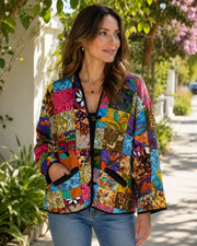 Passports Pier 1 Quilted Jacket Women XL Multicolor Patchwork Boho Art to Wear picture