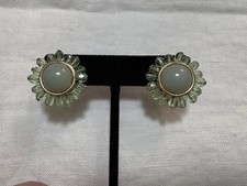 Vintage Ciner Light Green Glass Gold Tone Clip Earrings Signed Estate EUC 1” picture