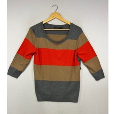 Retro Mod The Limited Womens Large Grey Tan Orange Striped Side Button Sweater picture