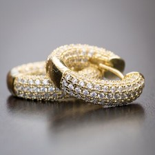 Fully Iced Mens Small 14K Gold Plated Huggie Hoop Earrings picture