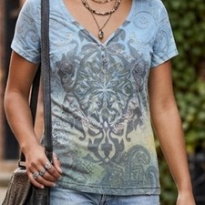 Vintage Y2K Rhinestone Graphic Henley Tee Y2K, Grunge, Fairygrunge, Boho Chic, picture