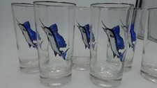 Vintage 6pc Set CARWIN Sailfish Highball Glass Hand Blown Painted Signed MCM picture