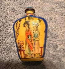Hand-Painted Chinese Porcelain Snuff Bottle w/ Stopper, Blue Trim picture