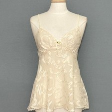 VTG 90s Y2K Babydoll Coquette Womens Top M Ivory Heart Jacquard Sheer Camisole picture