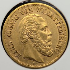 1880-F Wuerttemberg 10 Mark Gold Karl German States J292 KM624 picture