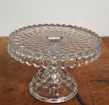 Vintage Fostoria American #2056 Cubist Glass Pedestal Cake Stand 10” picture