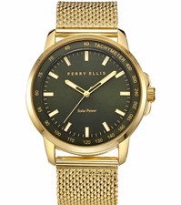 Perry Ellis Solar Power Solar Quartz Tachymeter Black Dial Gold Mesh Watch picture