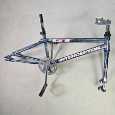 Vintage 90s GT Interceptor BMX Frame Fork Stem Sugino Chainring Crackle Blue 20 picture