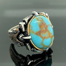 Turkish Ottoman Men Turquoise Oval Gemstone Ring 925 Sterling Silver Handmade picture