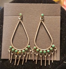Old Zuni Sterling Silver Petit Point Turquoise Dangle Hoop Chandelier Earrings picture