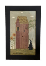 VINTAGE WARREN KIMBLE FRAMED PRINT ~ DOG & OUTHOUSE ~ 7.5'' X 11.5'' picture