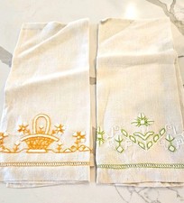 Vintage set of 2 Embroidered Linen Hand Towels 26×16 White Orange Green Floral picture