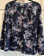 NWT Maurice’s Women Navy Multicolor Floral LS Blouse Size L Casual to Career picture