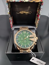 Ed Hardy Men's Chronograph Quartz Watch Gold-Tone Bracelet Green Dial Box picture
