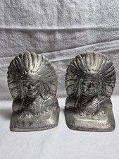 Antique Pair Cast Iron Native American Chief Bookends Art Deco Indian War Bonnet picture