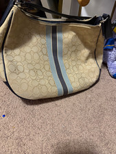 Coach Signature Beige Shoulder Bag Stripe Zip Top Silver Hardware Women picture