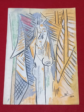 Wilfredo Lm painting drawing on old paper signed stamped vtg picture