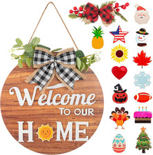 Interchangeable Seasonal Welcome Sign Front Door Decor, Rustic round Wood Wreath picture