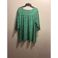 J. Jill Wearever Shirred A-Line Tunic Top Green White Polka Dot V-Neck Size L picture