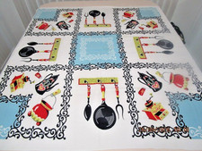Vtg folk art printed tablecloth coffee pots grinders utensils skillet 43