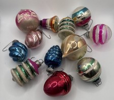 12 GREAT VINTAGE c.1950 SHINY BRITE CHRISTMAS ORNAMENTS No BOX: SHAPES + STRIPES picture
