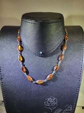 Vintage 925 Sterling Silver Natural Amber Marquise Link Necklace 16.5