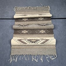 Vintage Mexican Handwoven Wool Rug Grey Cream Geometric Diamond Runner 24x42 picture
