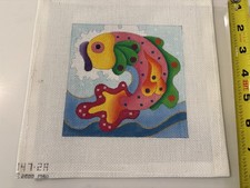 VTG Hand Painted Needlepoint Canvas Colorful Tropical Fish Ocean Canvas Signed picture