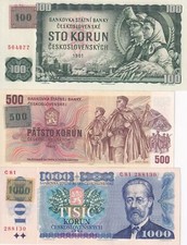 Czech Set 3 UNC 100 500 1000 Korun 1961-1985 (1993) P 1 P 2 P 3 Stamp picture
