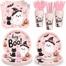 168 PCS Pink Halloween Party Supplies, Hey Boo Ghost Halloween Plates, Napkins, picture