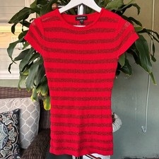 Bebe Stretchy Red Striped Long Shirt Short Sleeve Sparkle Women's Small Vtg Y2K picture