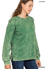 Zenana TTW-5354Y Exposed Seam Acid Washed Sweatshirt Dark Green picture
