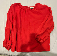Universal Thread Red Solid Round Neck Ruffle Pullover Long Sleeve Woven XS picture