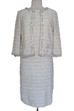 ST. JOHN Women's 4 Tweed Knit Ivory Black Beige Jacket & Dress Suit Set Fringe picture