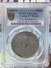 1909-S U.S. Philippines Peso PCGS Genuine Tooled VF Details Silver Coin picture