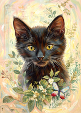 ACEO miniature art print 2.5x3.5 artist trading card cute black kitten butterfly picture