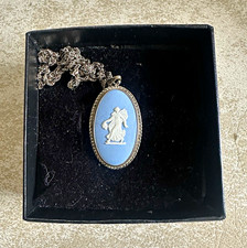 Wedgwood Blue Jasperware Porcelain Oval Cameo Pendant Necklace Signed England picture