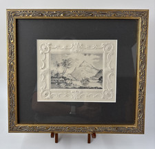 Antique Pencil Drawing Mountain Lake Trees Nature Embossed Paper Framed 10x12 picture