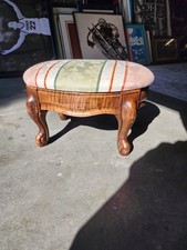 Vintage Victorian Edwardian Foot Stool Ottoman Carved Tiger Oak Wood Upholstered picture