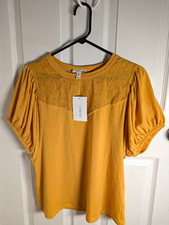 Como Blu Women's Yellow Eyelet Yoke Puff Sleeve Knit Round Neck Top M picture