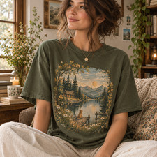 Vintage Mountain Lake Dog Shirt, Nature Lover Graphic Tee, Cozy Cottagecore T-Sh picture