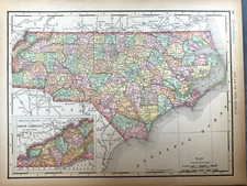 1892 NORTH CAROLINA Map, Color Counties, Historical Points, 14