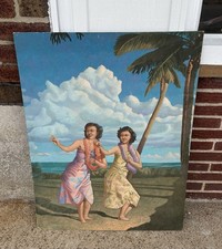 Signed Painting Hawaii Dance Hula Girls Retro Tropical Beach Vintage Wall Art picture