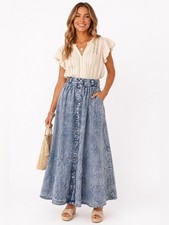 VTG 80’s Jordache Acid Wash Denim Midi Skirt Button Front Pleated Waist A-Line picture